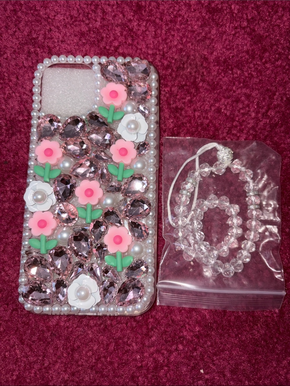 Decorative Pink Floral Pearl Phone Case with Clear Beaded Strap